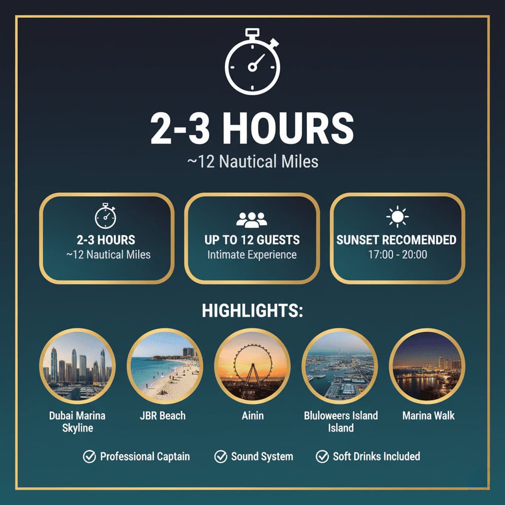 Dubai Marina JBR yacht route: scenic Dubai yacht tour experience.