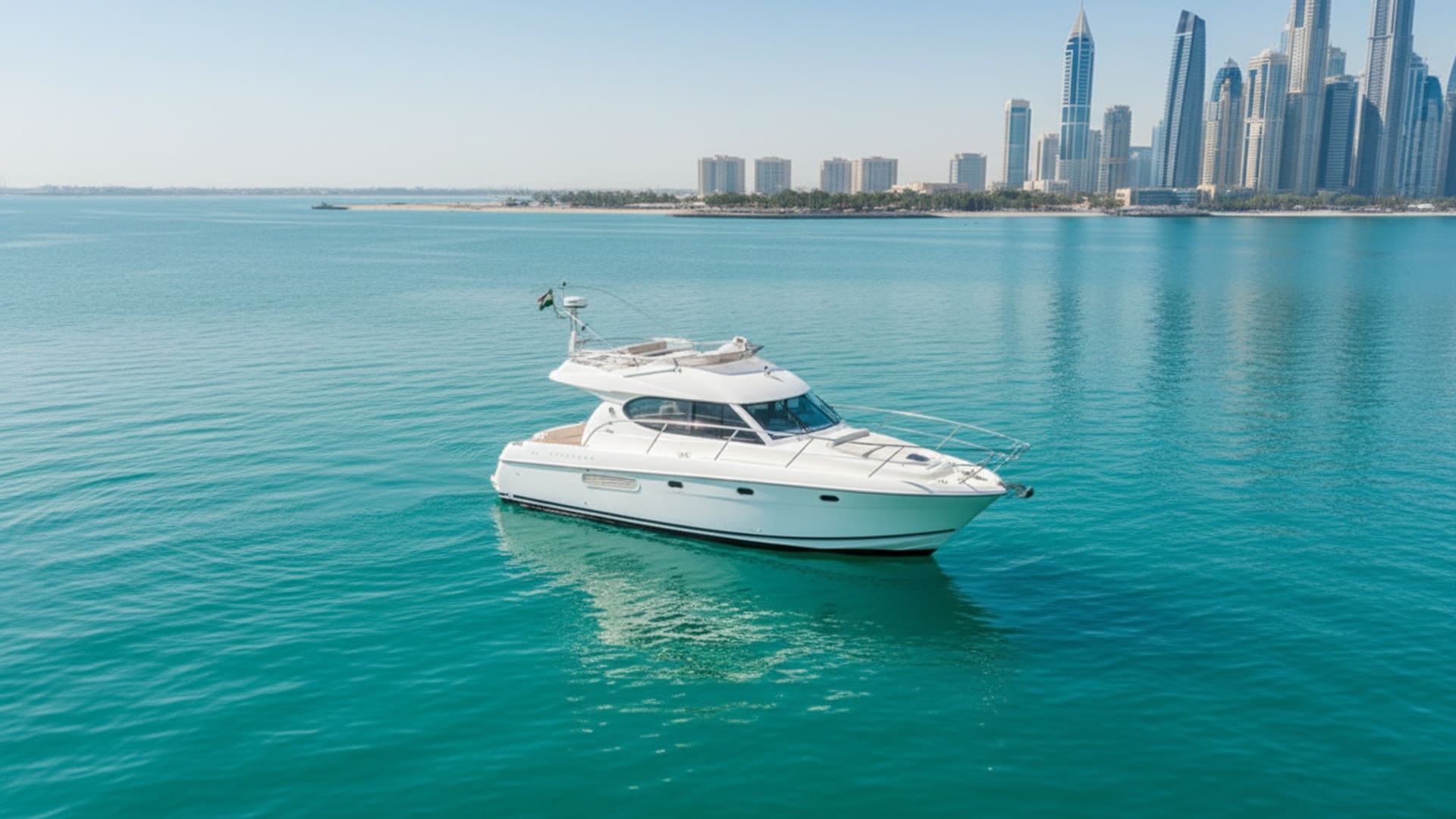 Aerial view of Azure Breeze 32 ft yacht in premium Dubai waters