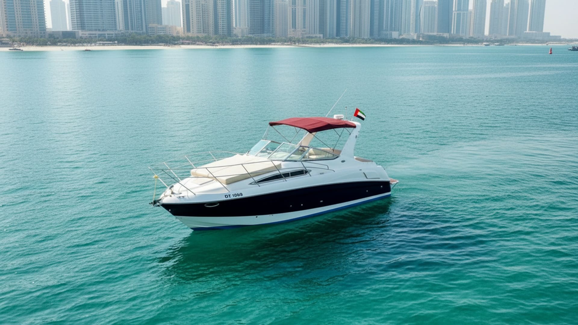 Aerial view of Coral Dream 33 ft yacht in Dubai