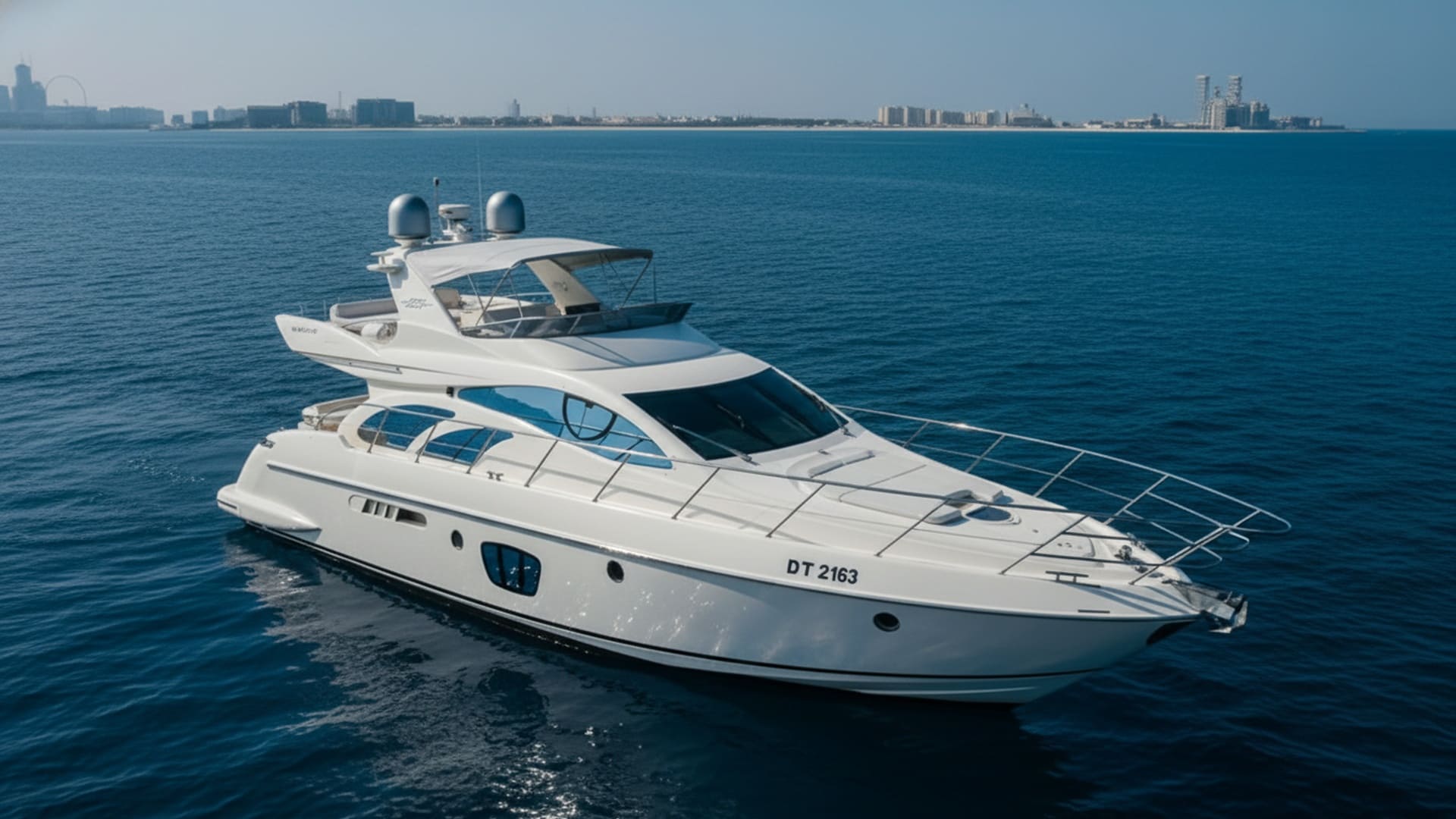 Mystic Queen 55 ft premium yacht aerial view, Dubai