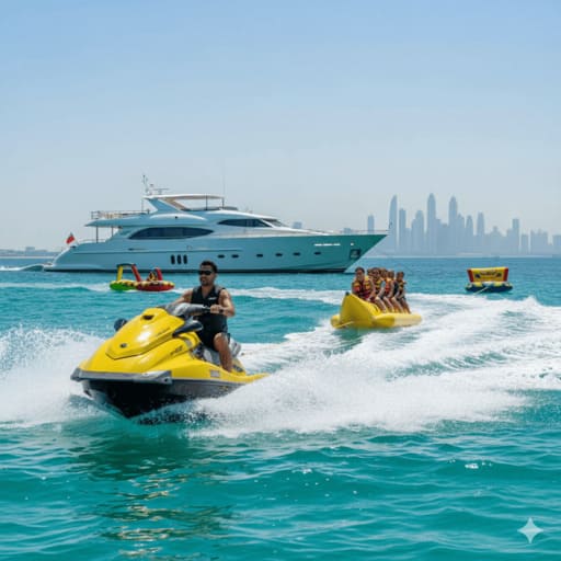 Premium luxury Dubai yacht watersports: jet ski, diving.