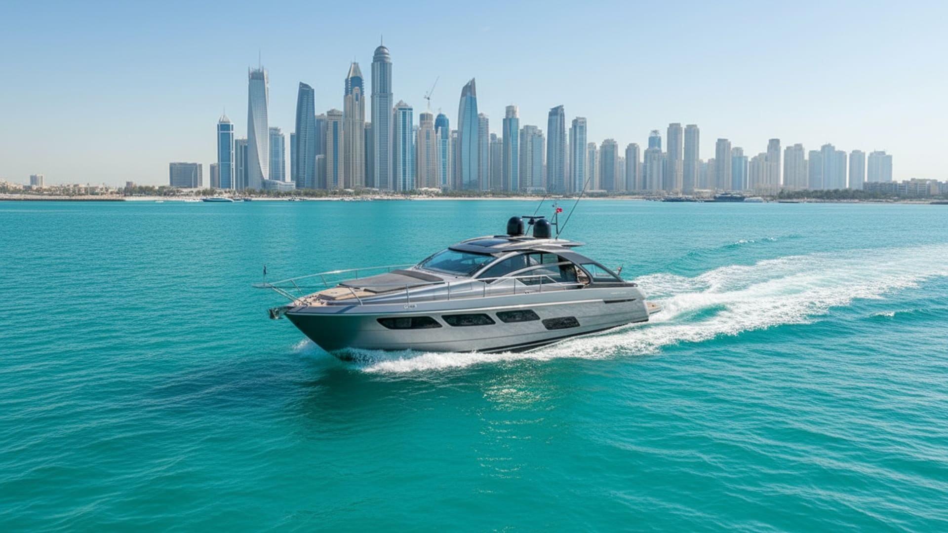 Aerial view of Azure Oasis 52 ft yacht in Dubai Marina