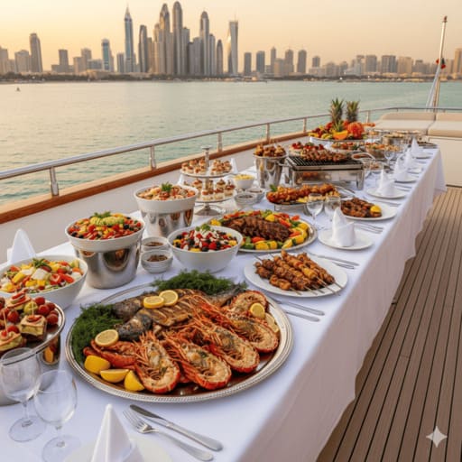 Premium luxury yacht gourmet catering and dining Dubai.