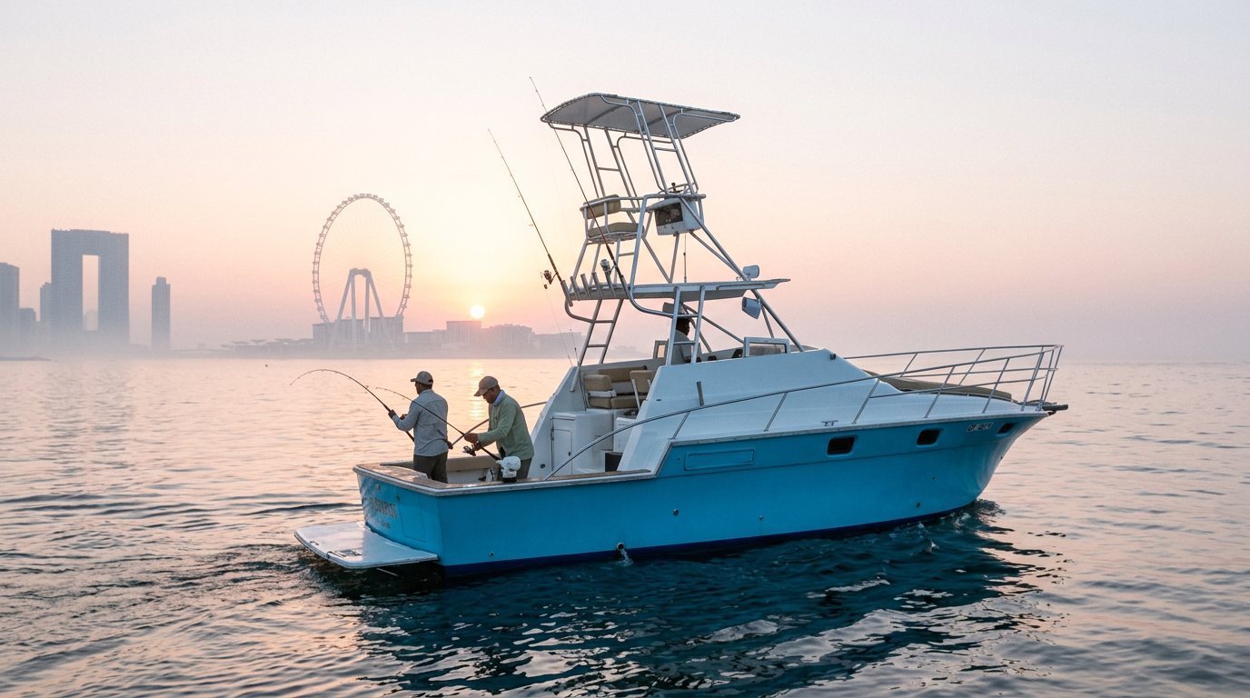 Anglers holding fishing rods at the stern of a boat off Dubai