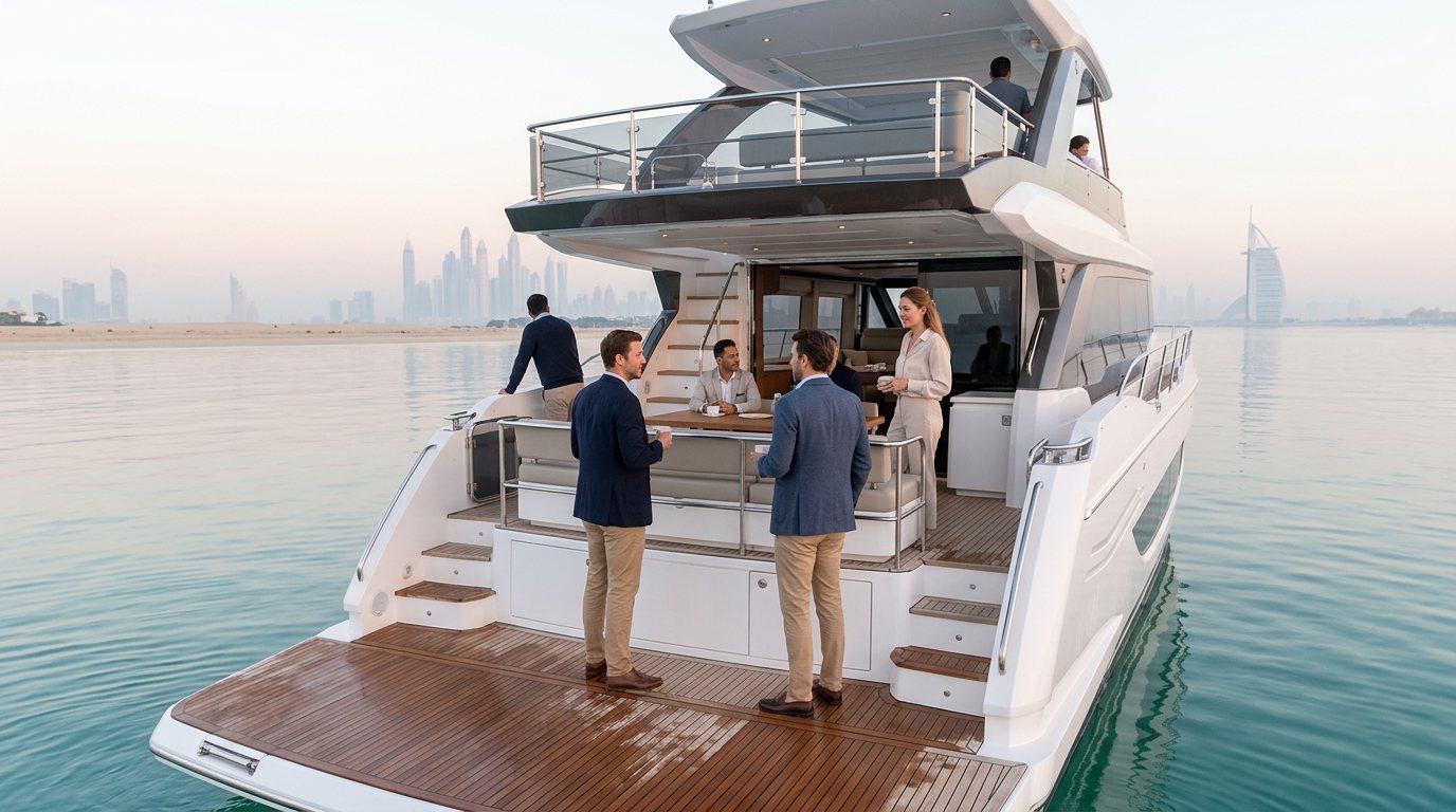 Business group enjoying an evening cruise along the modern Dubai coast