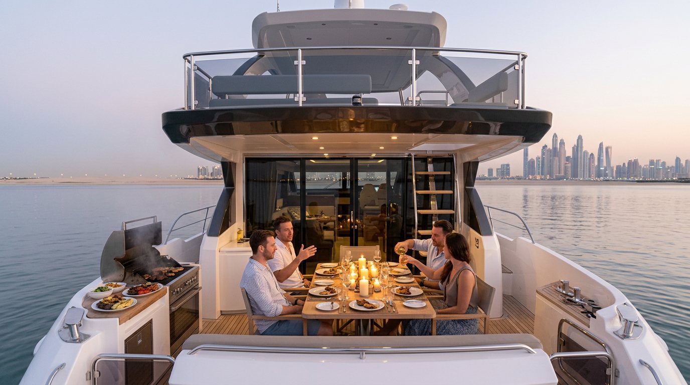 Candlelit outdoor dining table on yacht deck with Dubai Marina backdrop