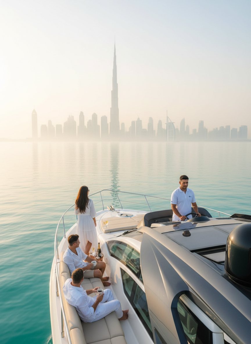 Captain steering at the helm as guests relax along the deck