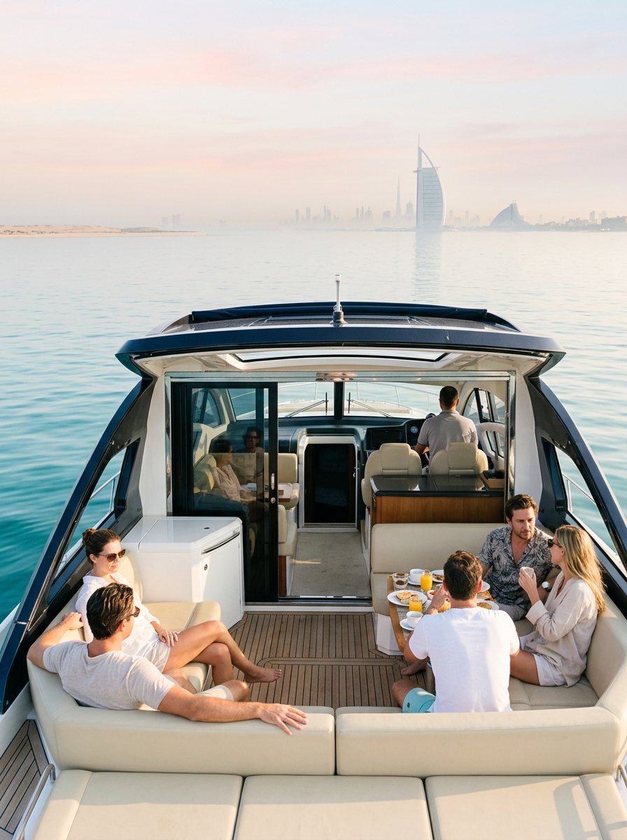 Captain steering the yacht while guests relax along the sunny stern