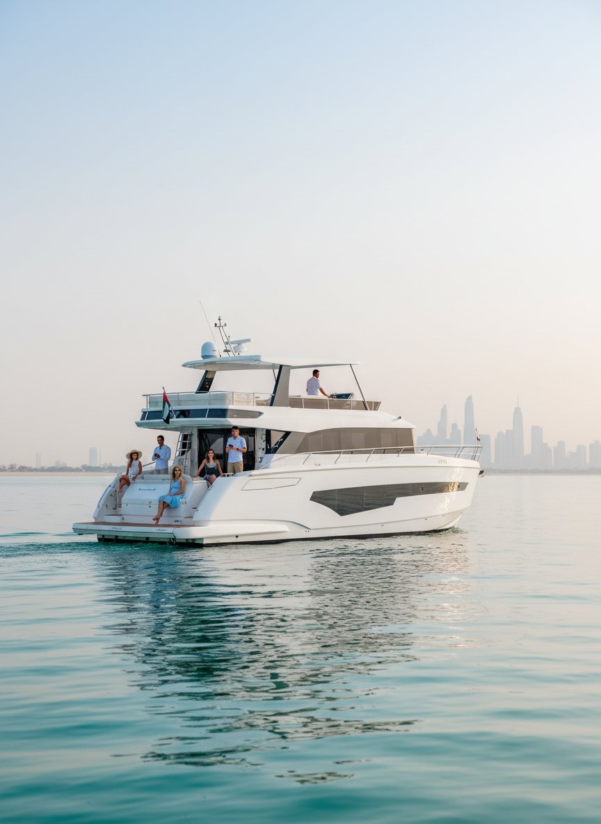Captain steering yacht with guests relaxing on the stern near Dubai