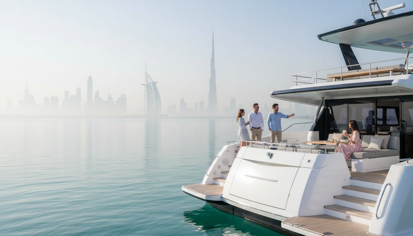 Colleagues in smart casual wear relaxing on yacht deck off Dubai
