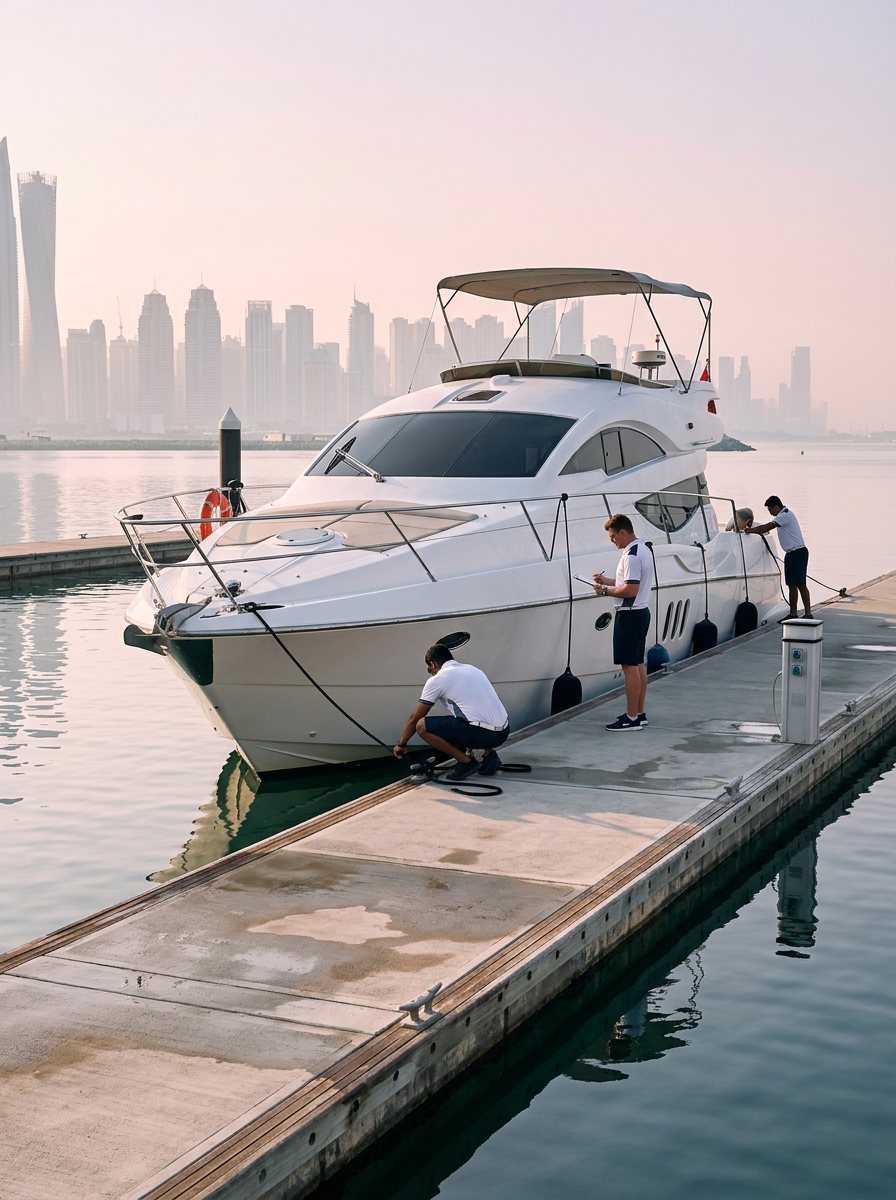 Crew members standing near luxury yachts along the Dubai marina dock