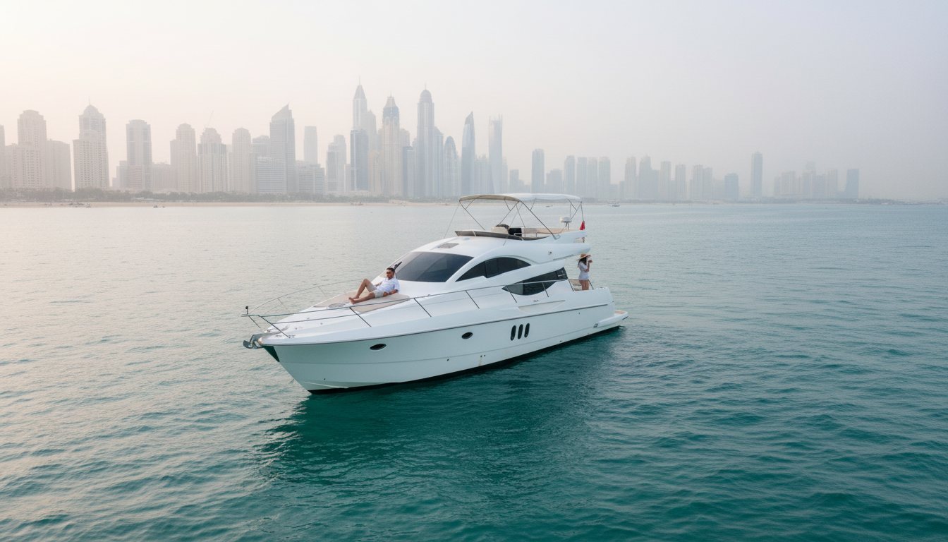 Dubai Marina high-rises and moored yachts viewed across the water