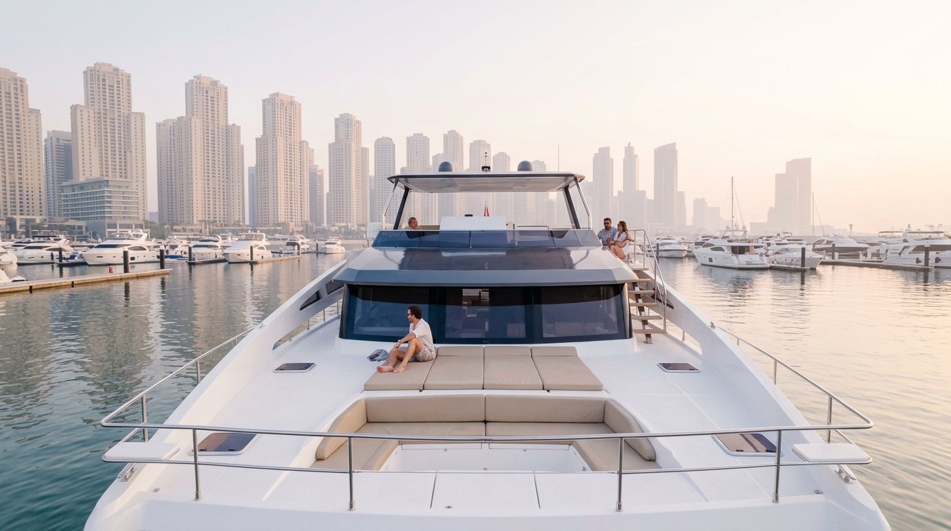 Dubai Marina skyline and moored boats viewed from a yacht deck