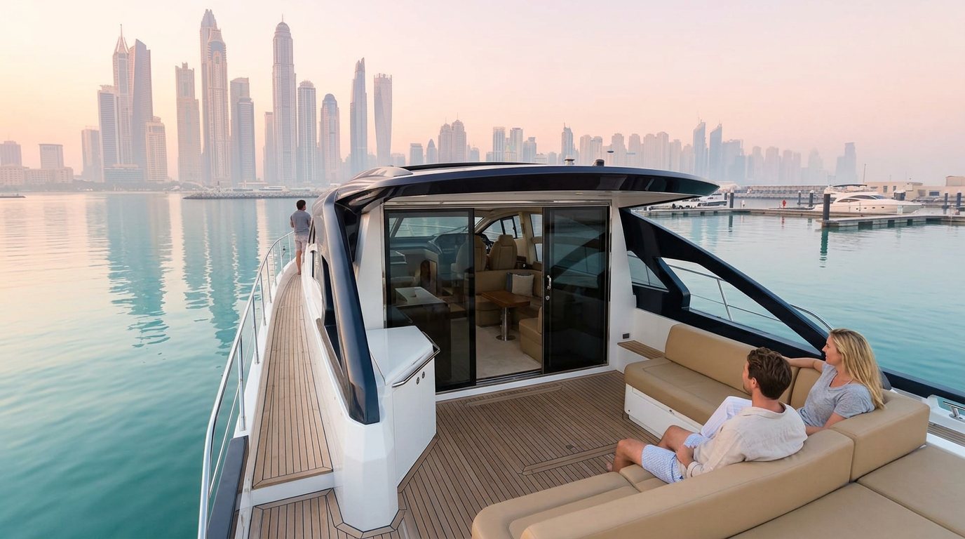 Dubai Marina skyscrapers and yacht berths reflected in calm coastal waters