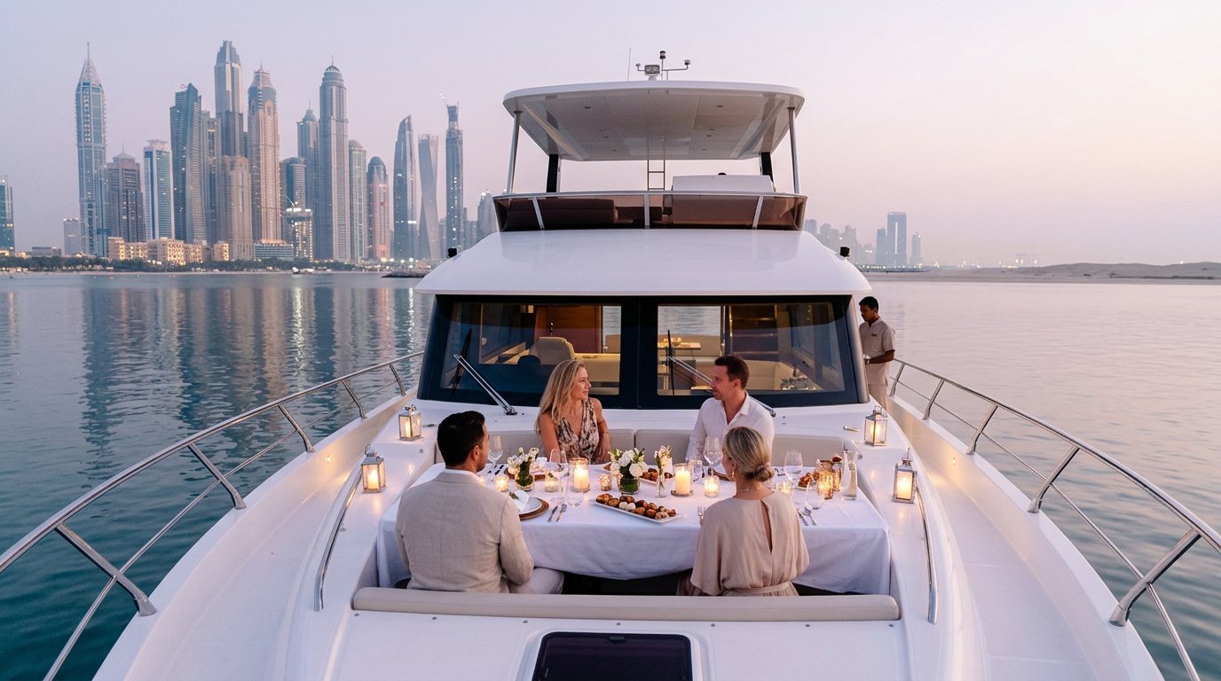 Elegant dinner table with candles on yacht deck overlooking Dubai Marina