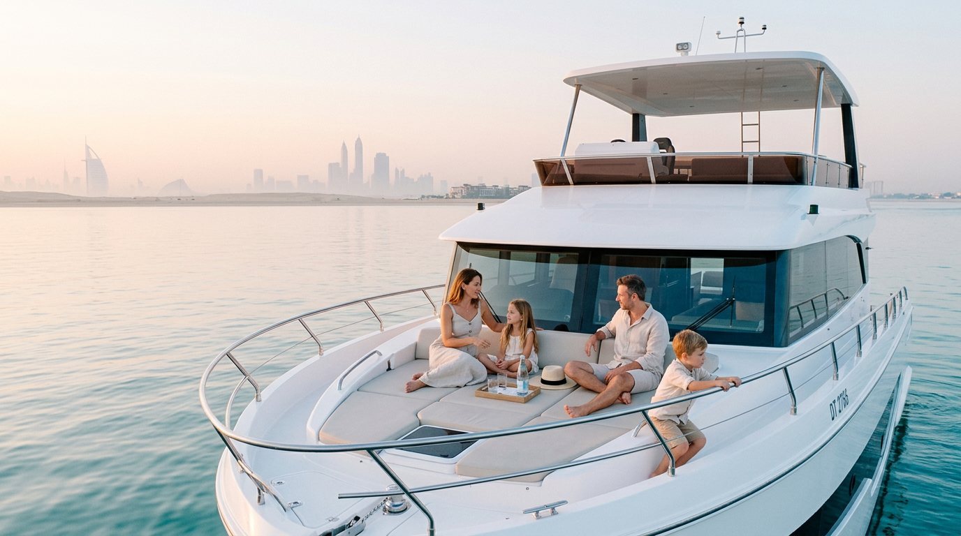 Family enjoying a peaceful morning cruise on a yacht deck off Dubai