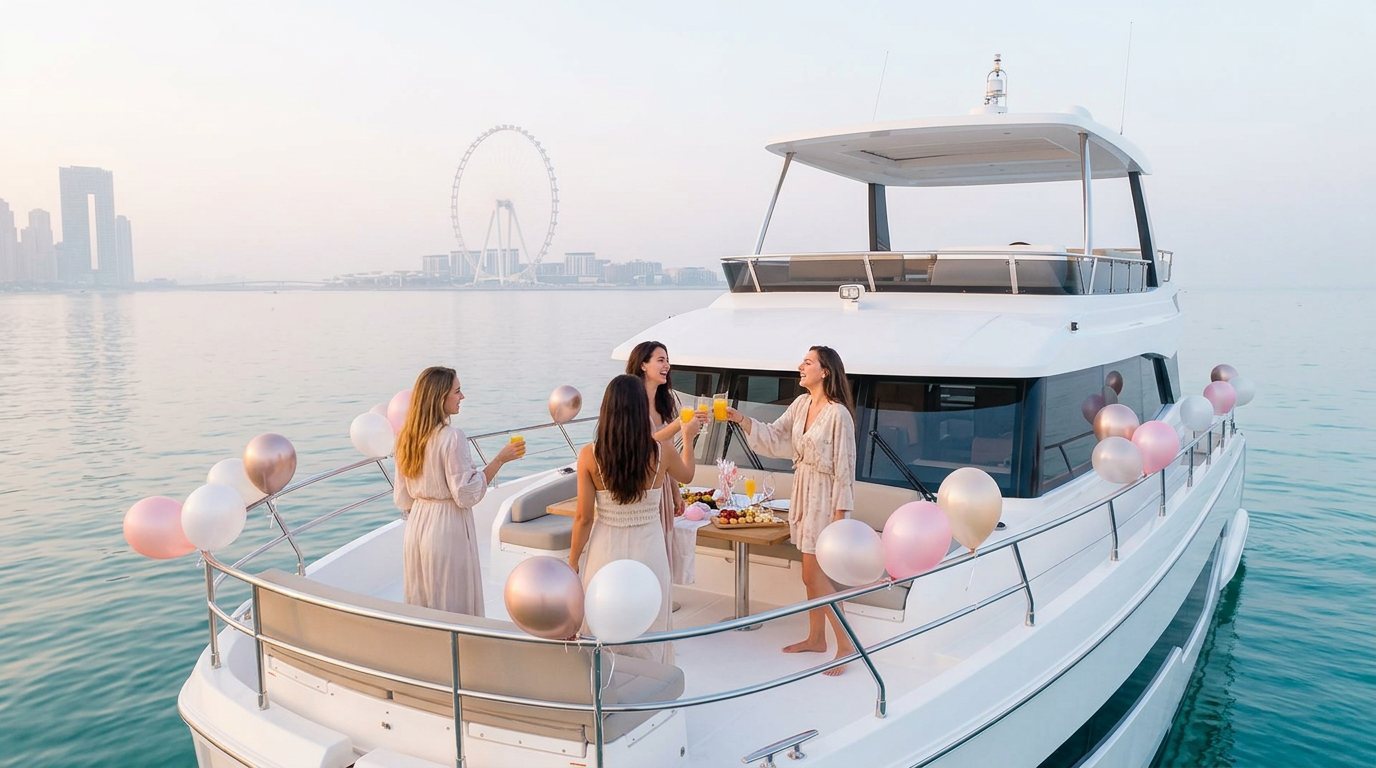 Guests celebrating with balloons on yacht deck against Dubai sunset