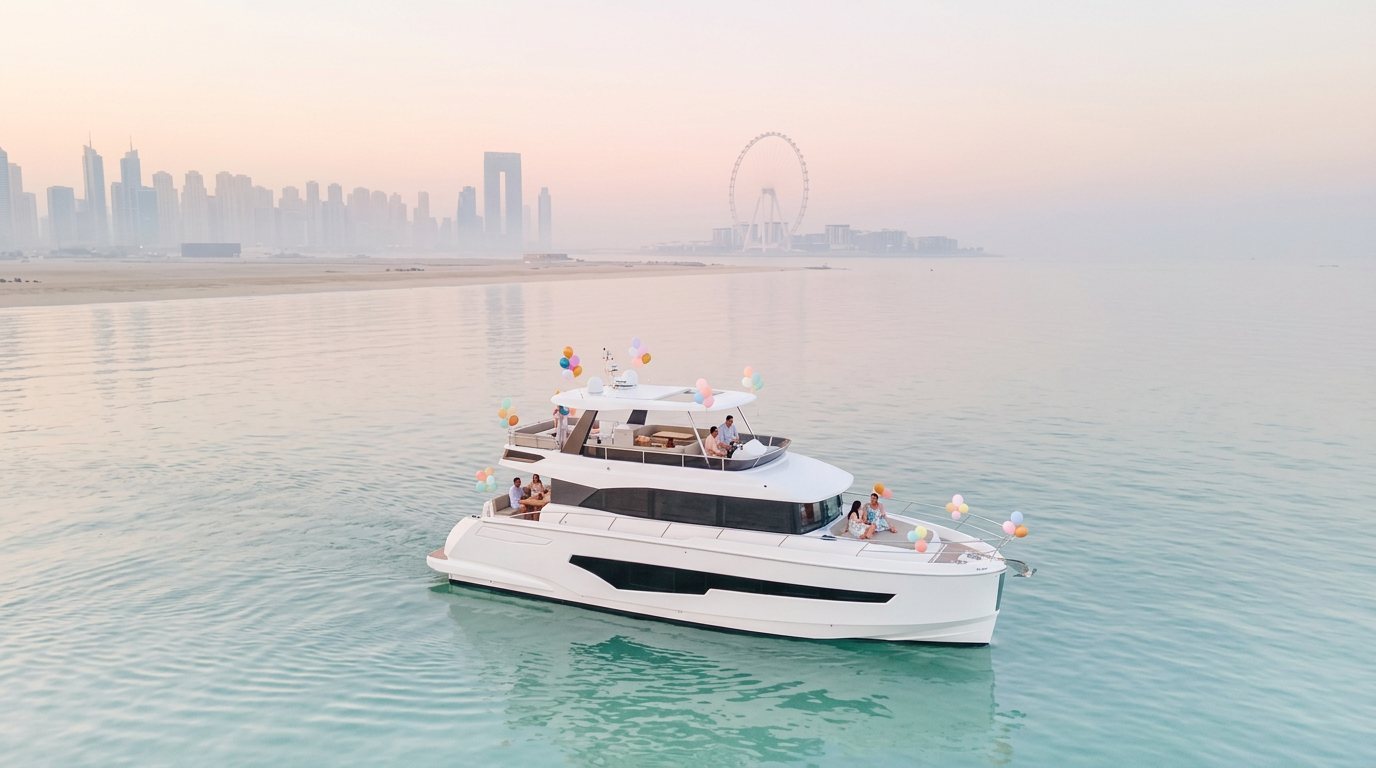 Guests enjoying a sunset party with balloons on a yacht deck