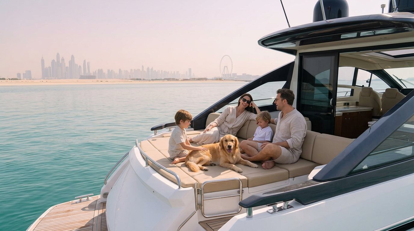 Happy family relaxing together on a sunny yacht deck in Dubai