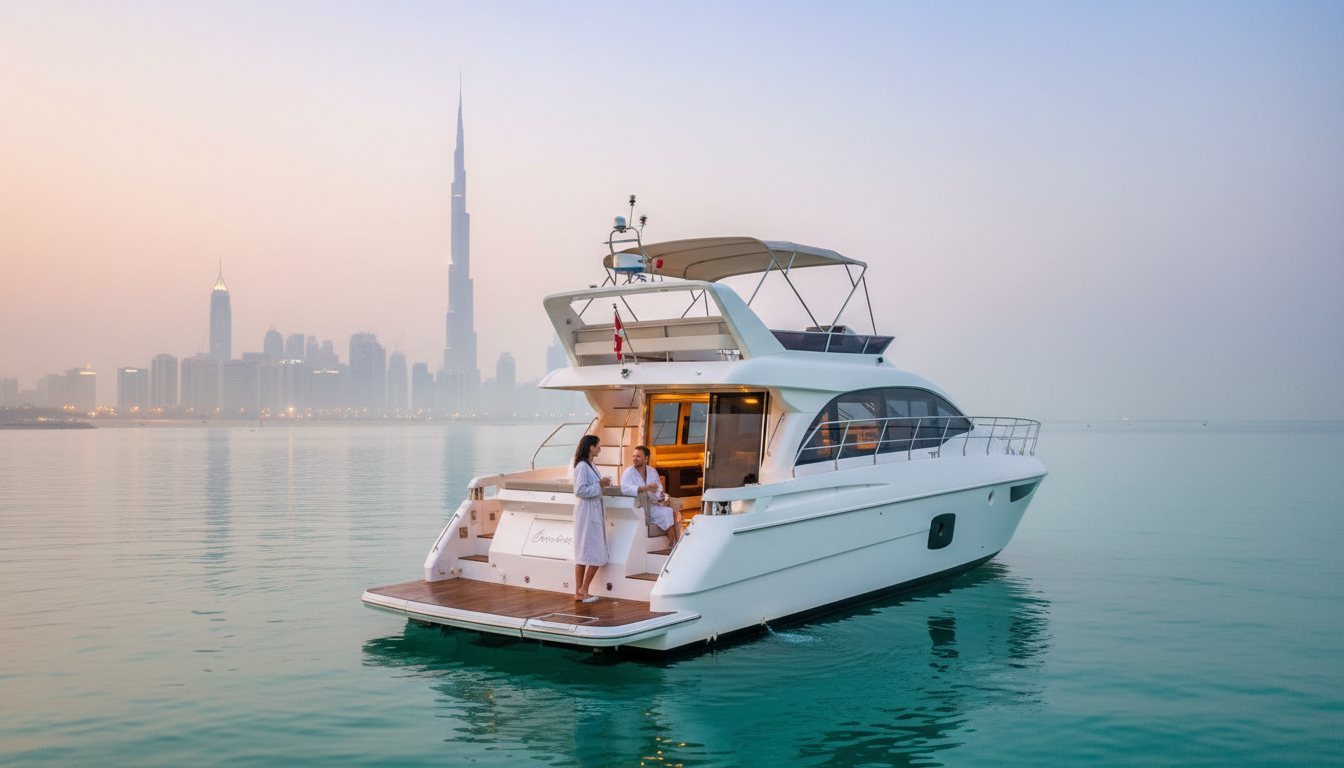 Illuminated motor yacht anchored at night near the glowing Dubai skyline