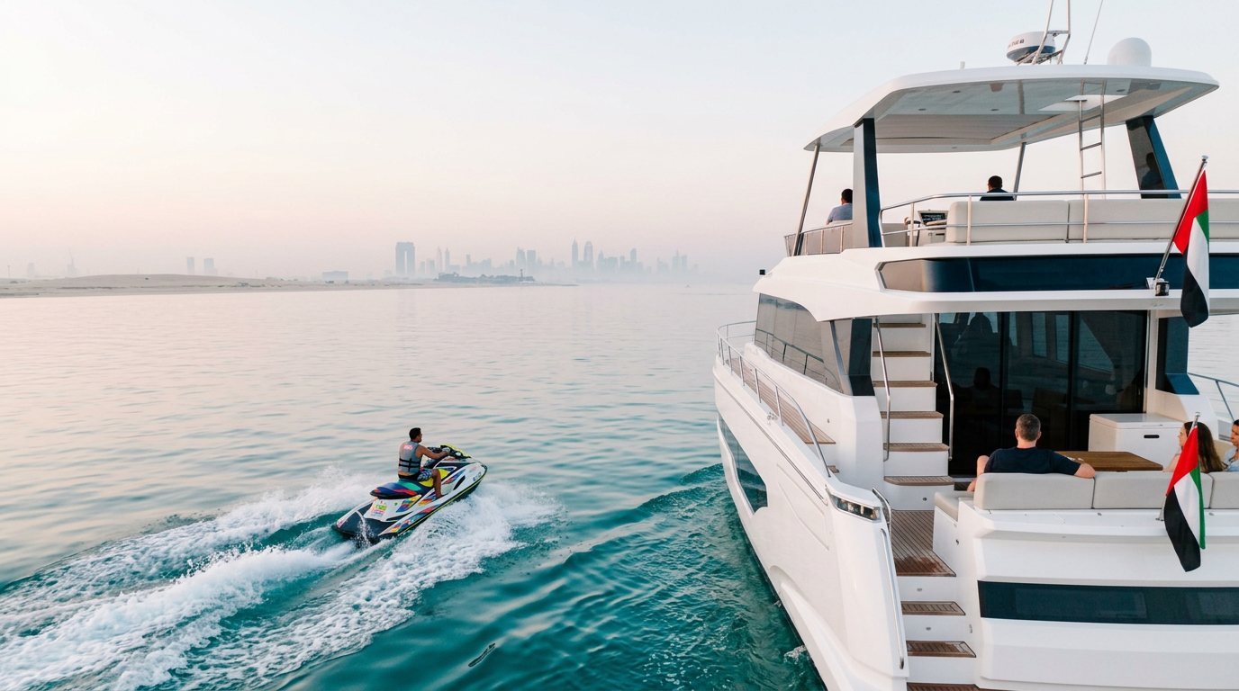 Jet ski rider splashing beside a yacht off the Dubai coast