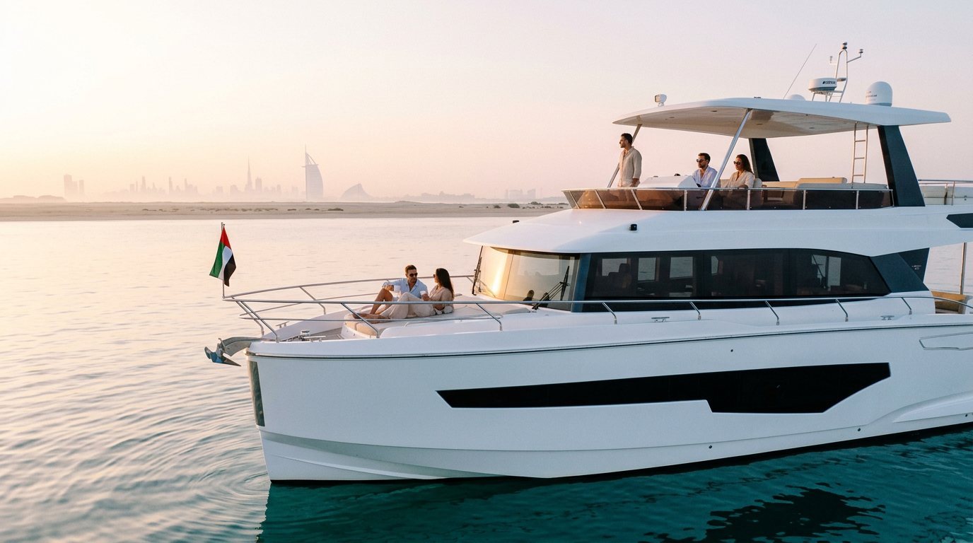 Motor yacht sailing peacefully off the Dubai shoreline at sunrise