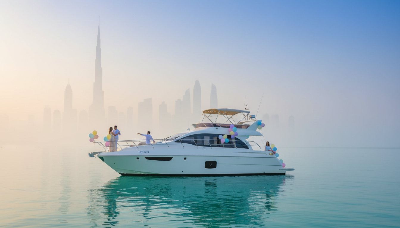 Party guests celebrating on a decorated yacht deck at sunset
