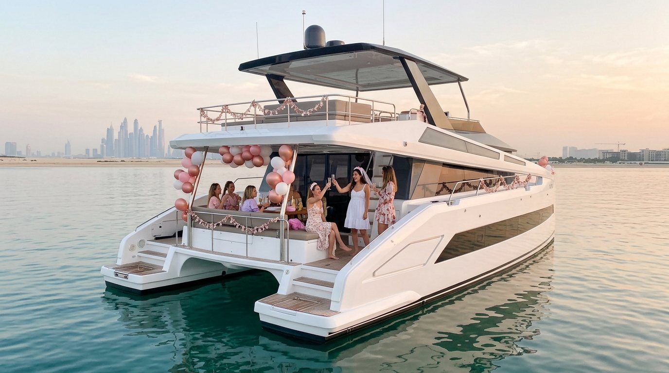 Party guests celebrating on a decorated yacht deck at sunset