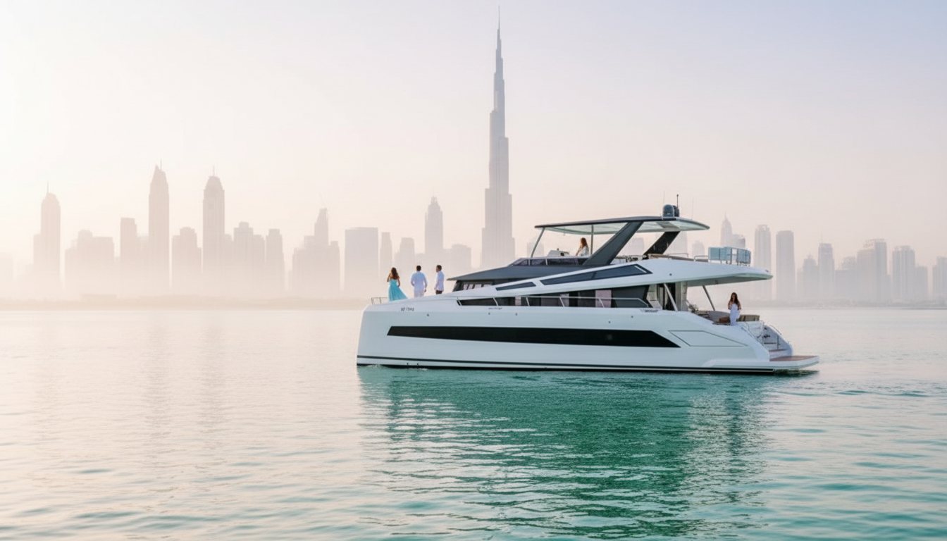 Private white motor yacht sailing past famous Dubai landmarks at dusk
