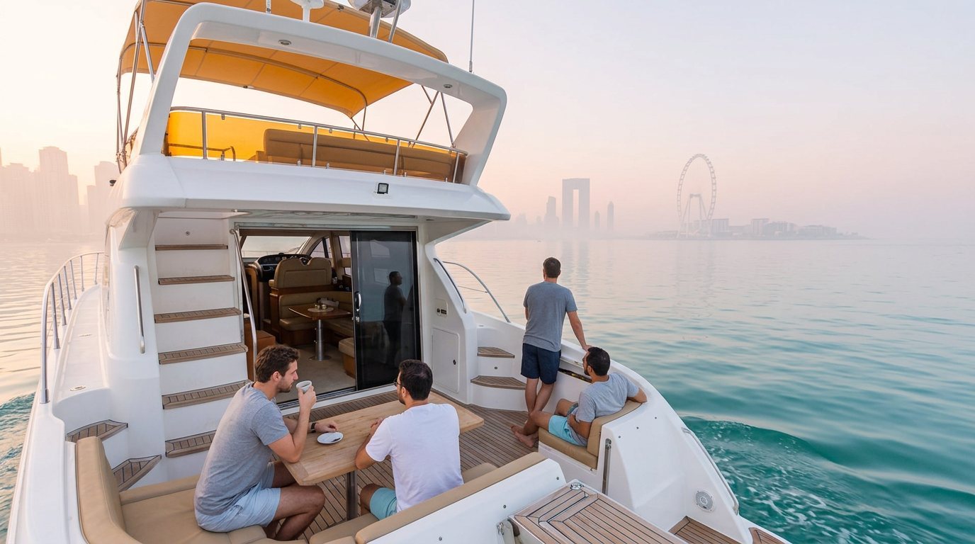 Private white yacht navigating past iconic Dubai landmarks at dusk