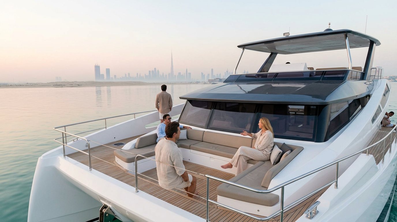 Private yacht deck cruising past Dubai coastal landmarks at twilight