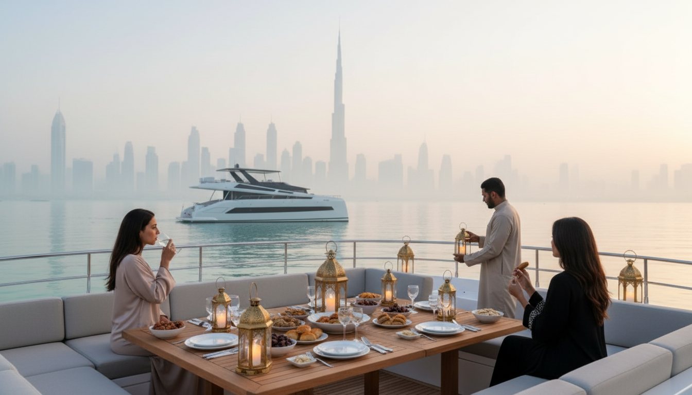 Traditional iftar spread and lanterns on a yacht deck at sunset