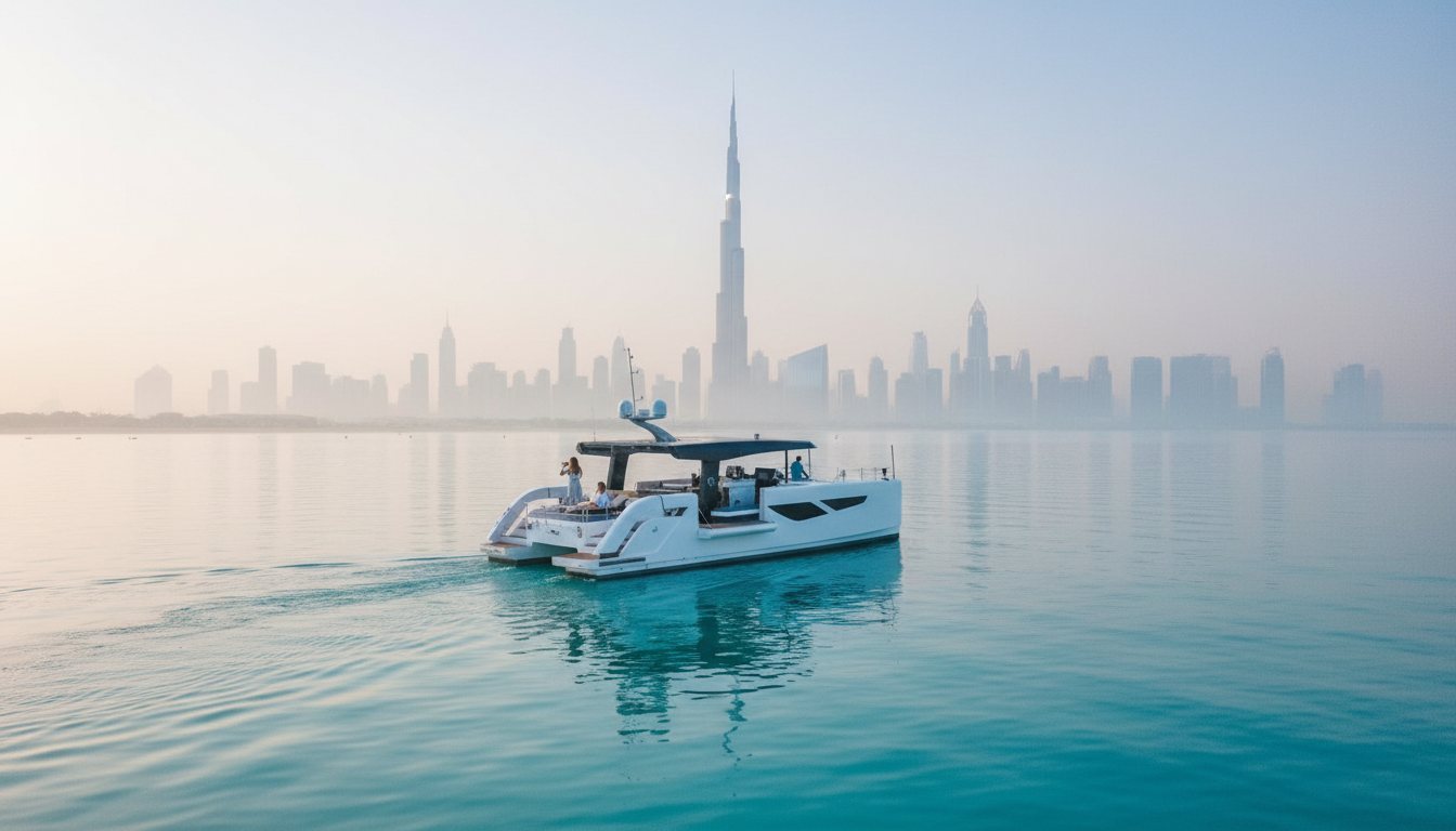 White motor yacht navigating near Dubai landmarks in evening light