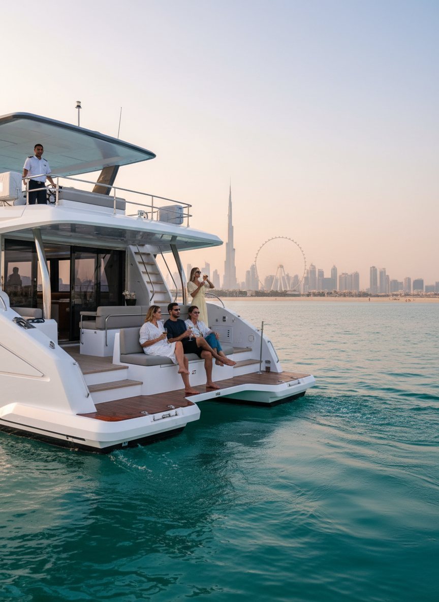 Yacht captain at the controls while passengers relax on the stern