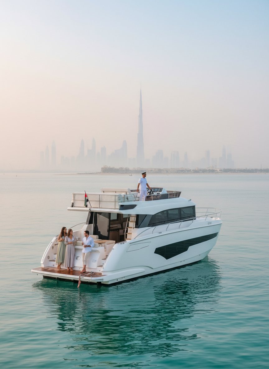 Yacht captain steering near the stern with Dubai skyline behind