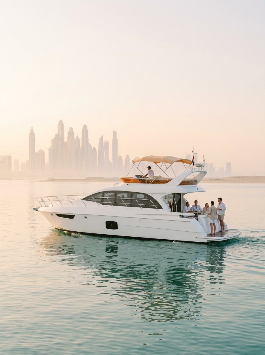 Yacht cruising off Dubai coast with captain at the helm at dawn